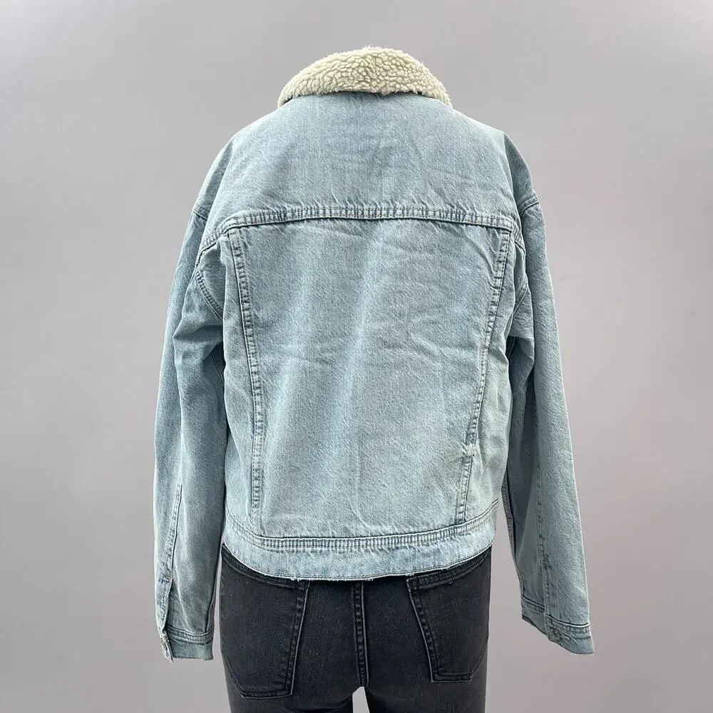 NWT American Eagle Sherpa Denim Trucker Jacket Blue Women's Size Medium - Picture 8 of 14